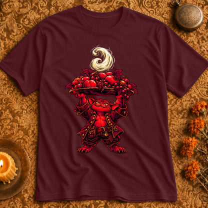 T-shirt graphic of a red, furry creature wearing a jacket and pants, holding a tray of fruit.