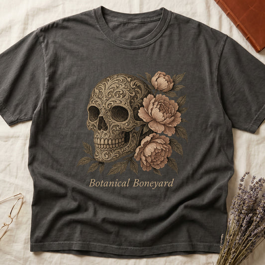 Pepper tee with filigree-engraved skull on left, peach-cream peonies on right, crossed bones below, "Botanical Boneyard."