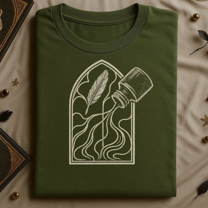 Enchanting Quill and Ink Artwork on Green Shirt product
