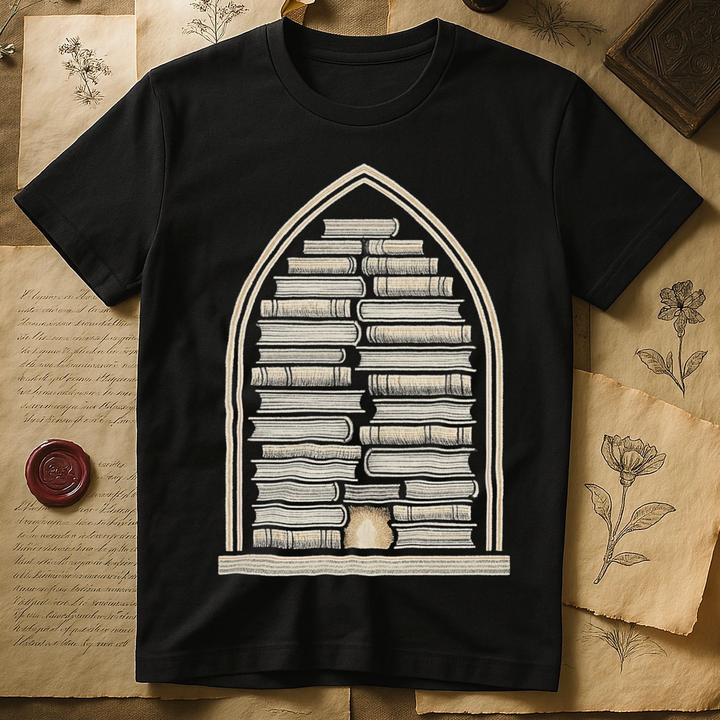 Black tee with gothic arch frame, columns of leather-bound books inside, sunburst medallion at base, cream engraved linework.