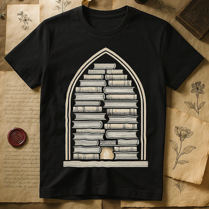Black tee with gothic arch frame, columns of leather-bound books inside, sunburst medallion at base, cream engraved linework.