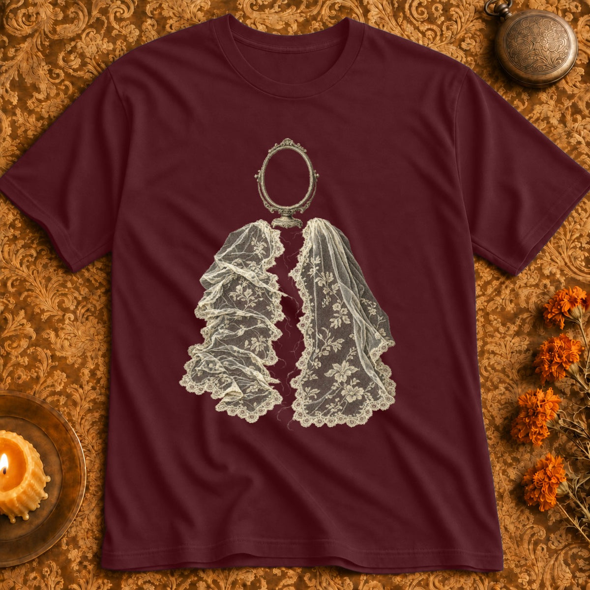 Maroon t-shirt with a vintage oval mirror and lace veil graphic.