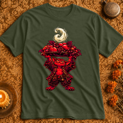 Red cat character in vintage clothing holding a tray of fruit with swirling steam.