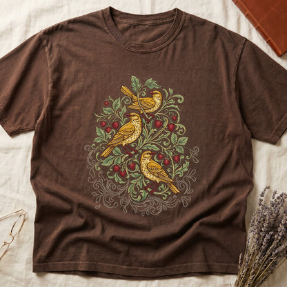 Espresso tee with three yellow songbirds perched among strawberry vines and green leaves, William Morris pattern style.