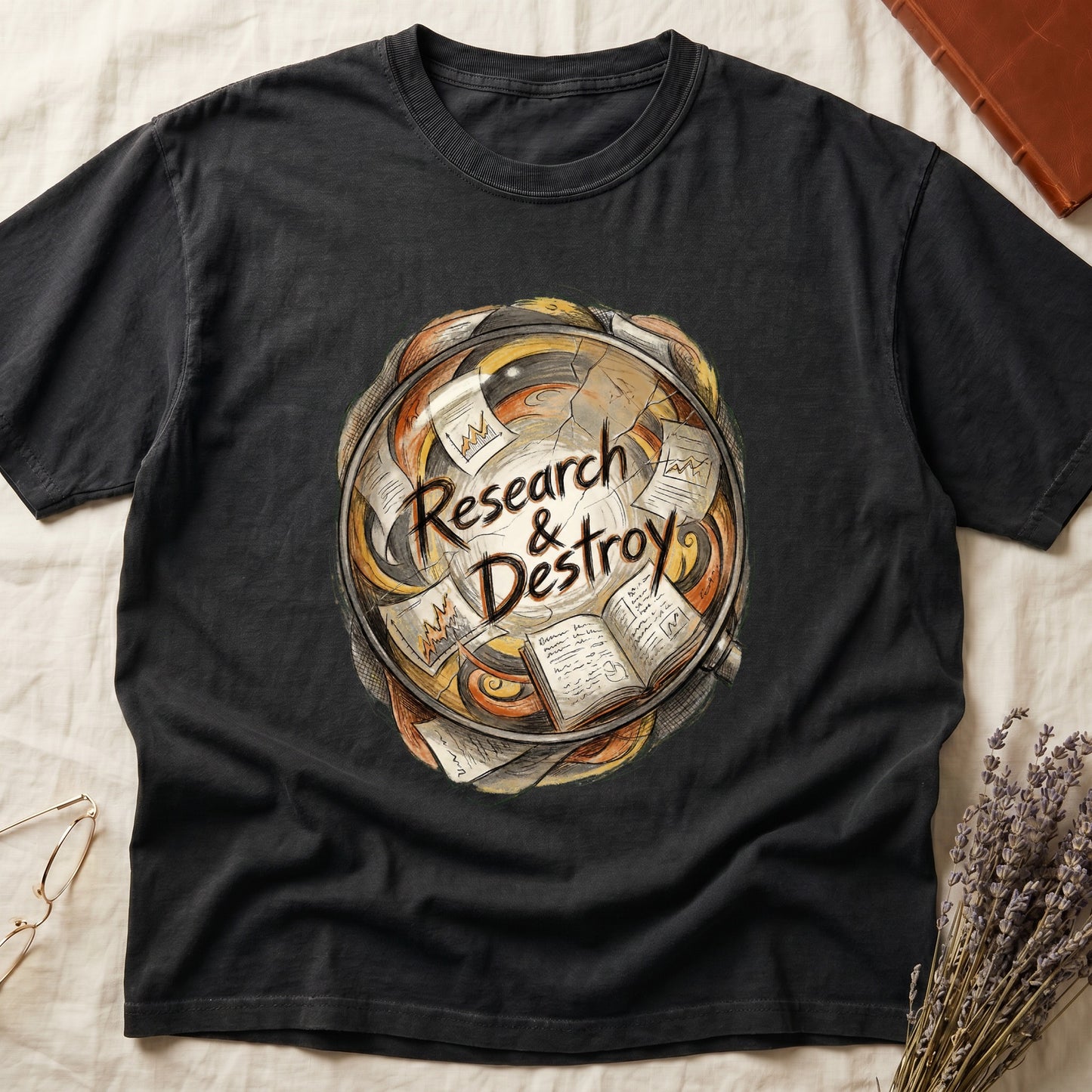 Black tee with globe of papers, open books, charts in colored ink, "Research & Destroy" in cursive at center.