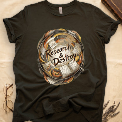 Military Green tee with globe of papers, open books, charts in colored ink, "Research & Destroy" in cursive at center.