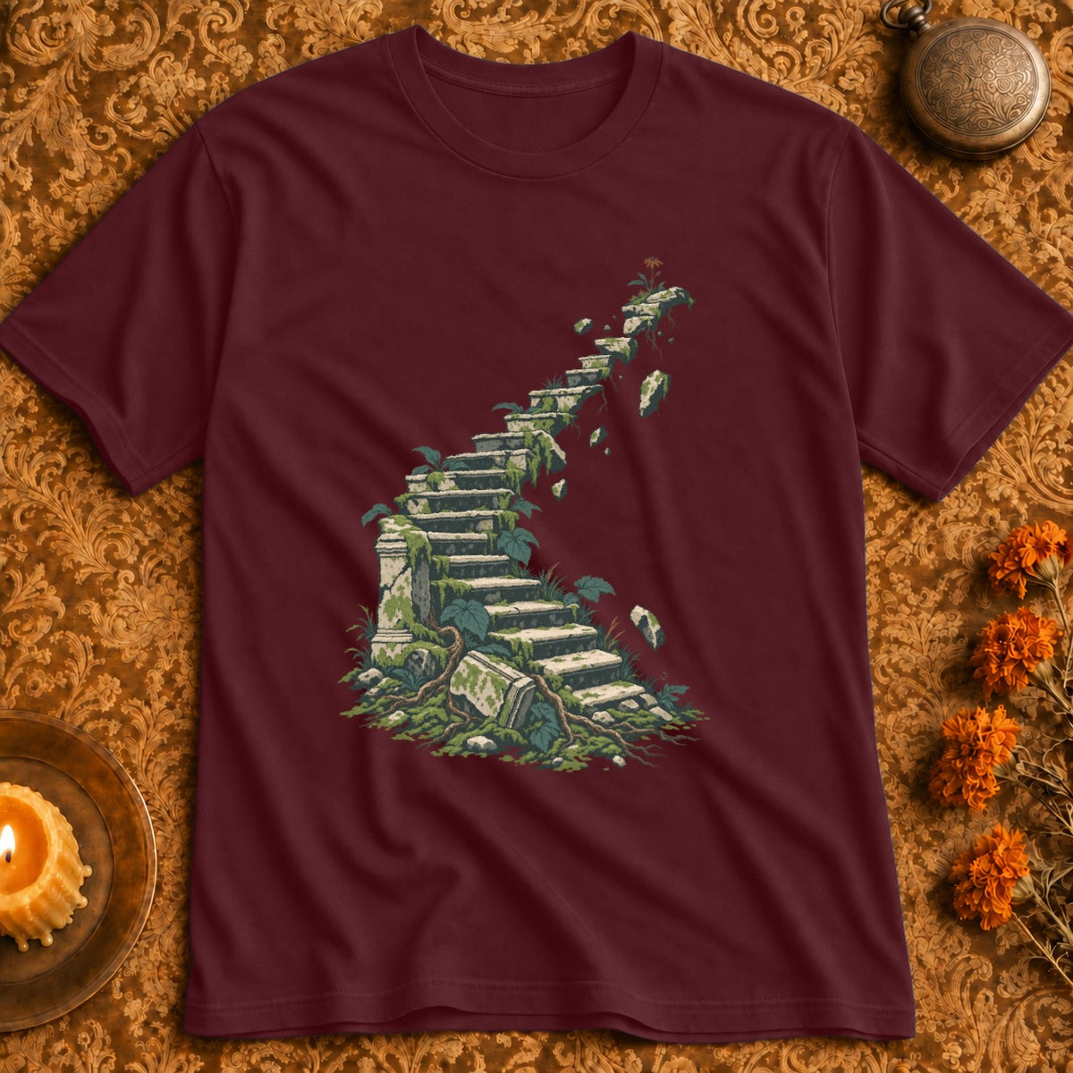 Maroon t-shirt with an overgrown stone staircase design.