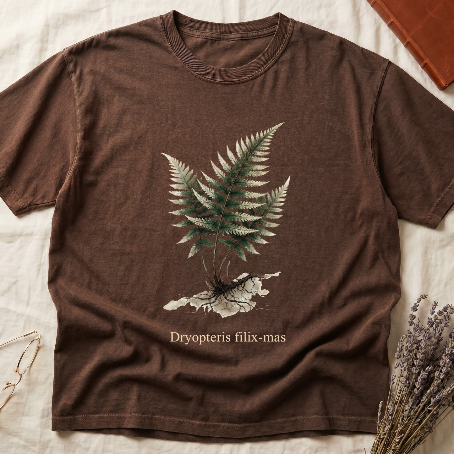 Espresso tee with Victorian fern illustration of Dryopteris filix-mas in greens with exposed root, italic Latin binomial below.