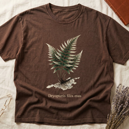 Espresso tee with Victorian fern illustration of Dryopteris filix-mas in greens with exposed root, italic Latin binomial below.