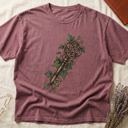 Dark Rose tee with ornate antique skeleton key in bronze, climbing English ivy in green on terracotta ground.
