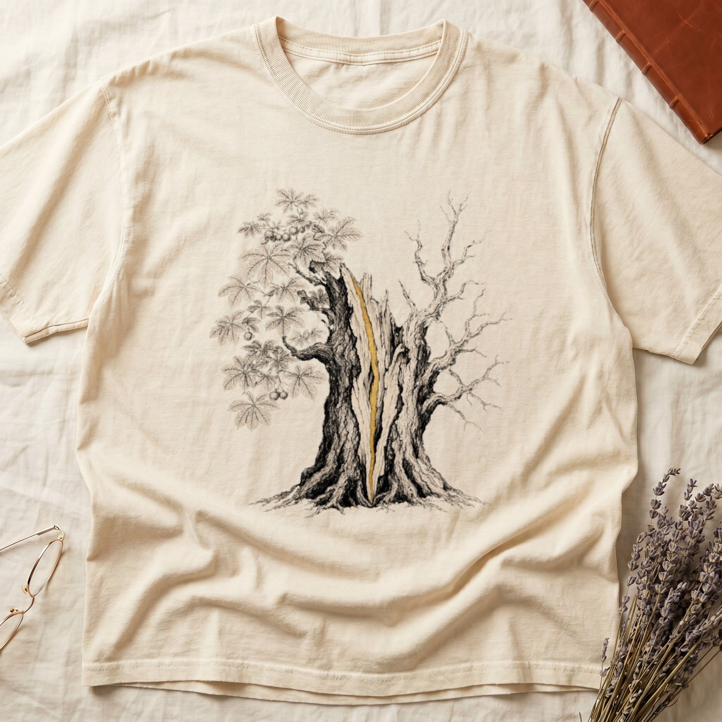 Cream t-shirt with illustration of a split tree trunk with branches.