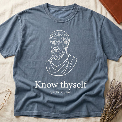 Blue Jean tee with classical Greek philosopher bust in white linework, "Know thyself" in cream serif below.