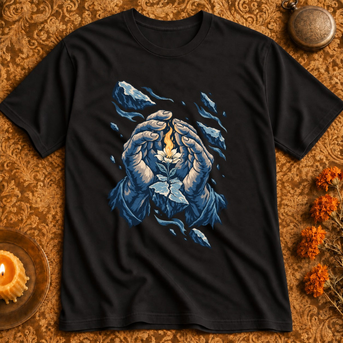 Black t-shirt with graphic of hands protecting a glowing flower and ice shards.