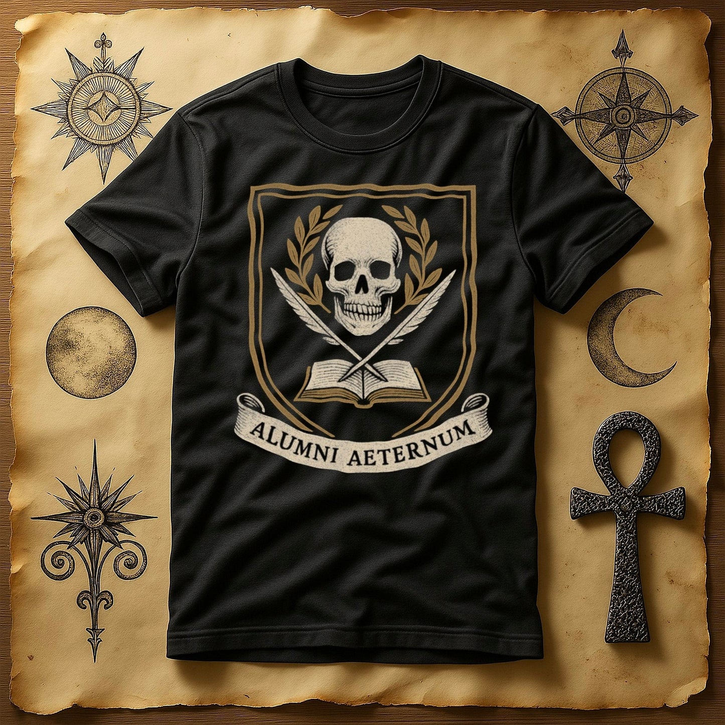 Alumni Aeternum Skull and Book Graphic T-Shirt product type