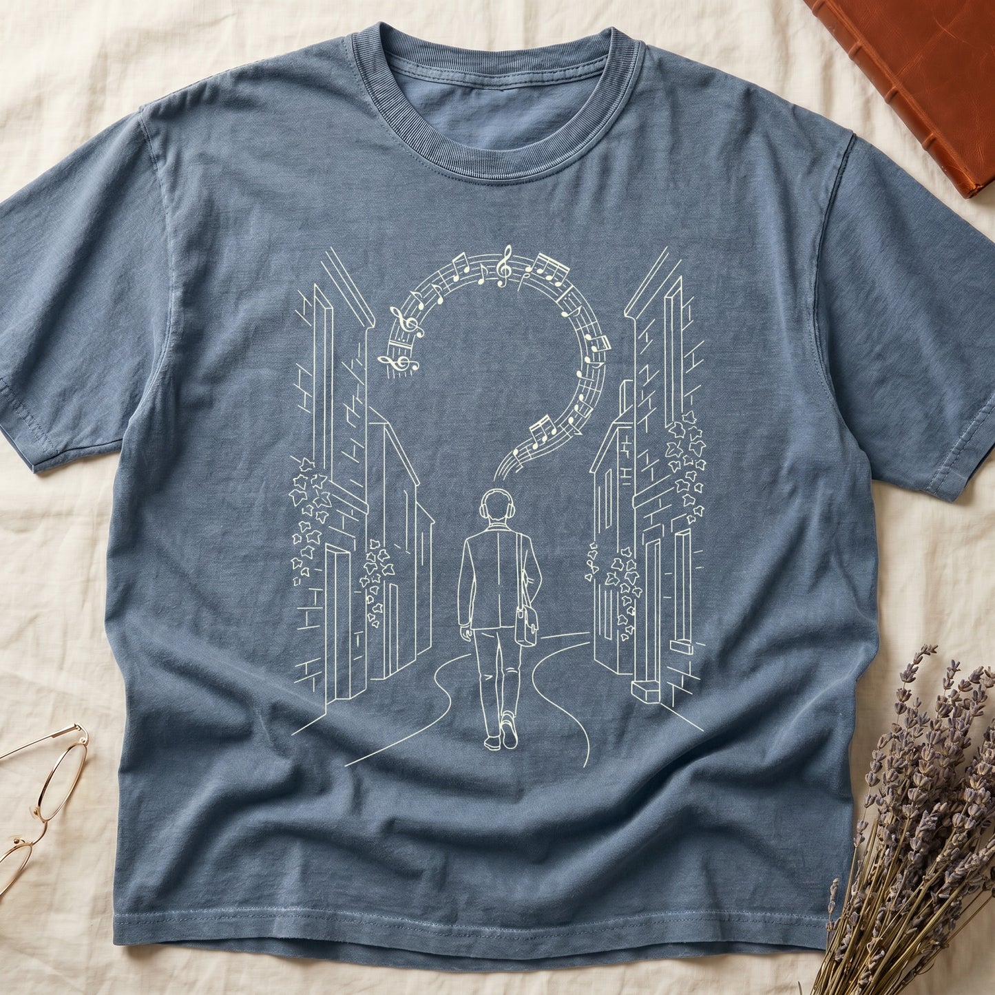 Blue Jean tee with cream linework of a Victorian campus building with climbing ivy across the facade.