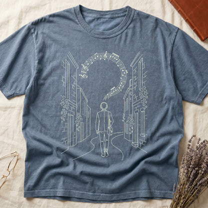 Blue Jean tee with cream linework of a Victorian campus building with climbing ivy across the facade.