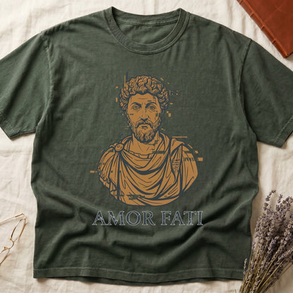 Green tee with bearded Stoic bust portrait in copper and slate, "AMOR FATI" in distressed serif capitals below.