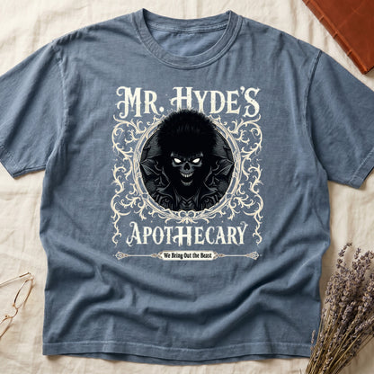 Espresso tee with ornate filigree frame, wild-haired skull figure, "MR. HYDE'S APOTECARY," "We Bring Out the Beast" below.