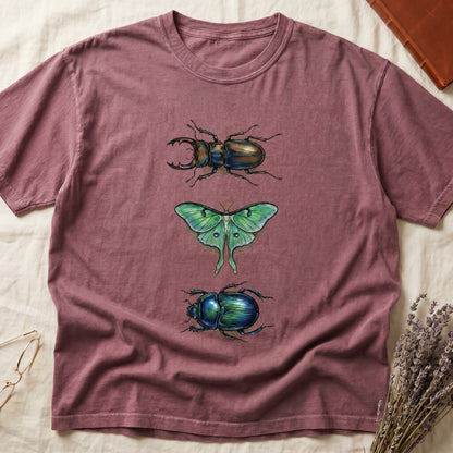Black tee with three-panel Dark Rose-history plate: stag beetle, luna moth, scarab beetle in ink on yellow ground.
