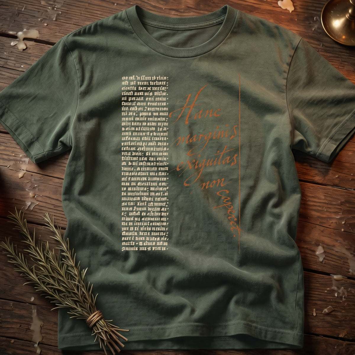 Green t-shirt with white and orange text "Hanc marginis exiiquitas non capecet".