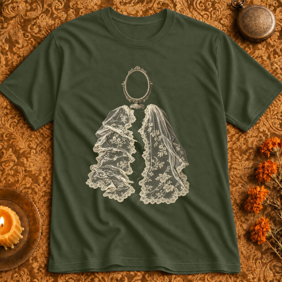 Green t-shirt with antique mirror and ornate lace print.