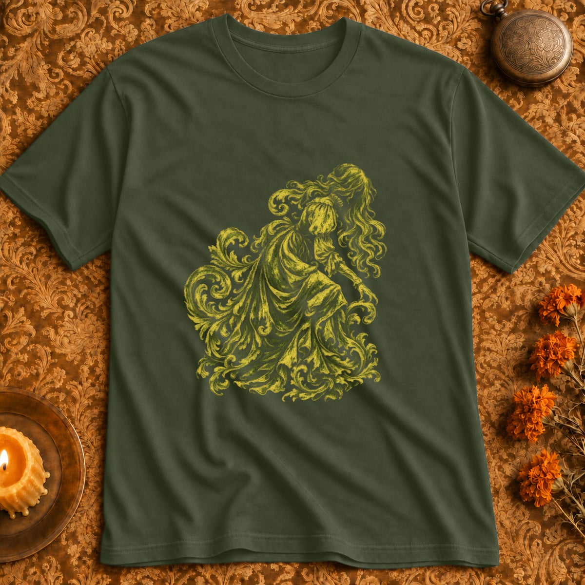 Dark green t-shirt with a yellow distressed illustration of a figure with flowing hair and ornate swirls.