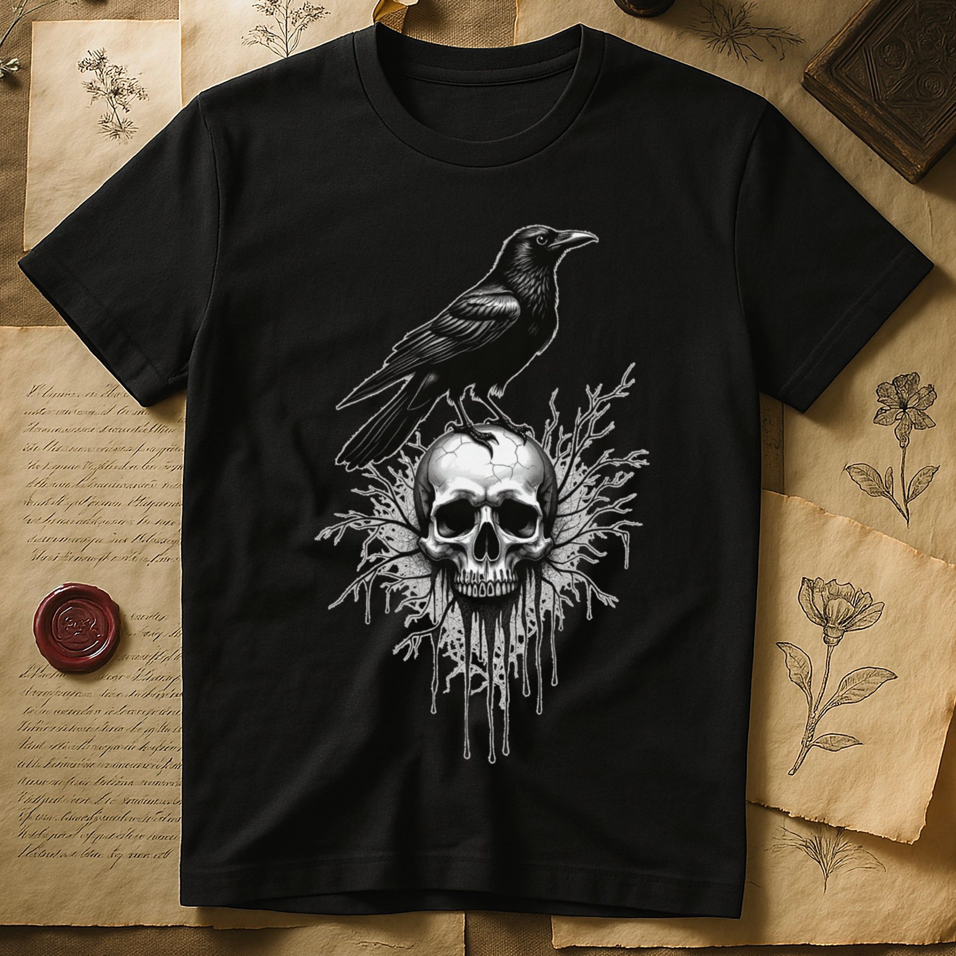 Black tee with raven silhouette on human skull, ink drips from jaw, bare branches behind, monochrome illustration.