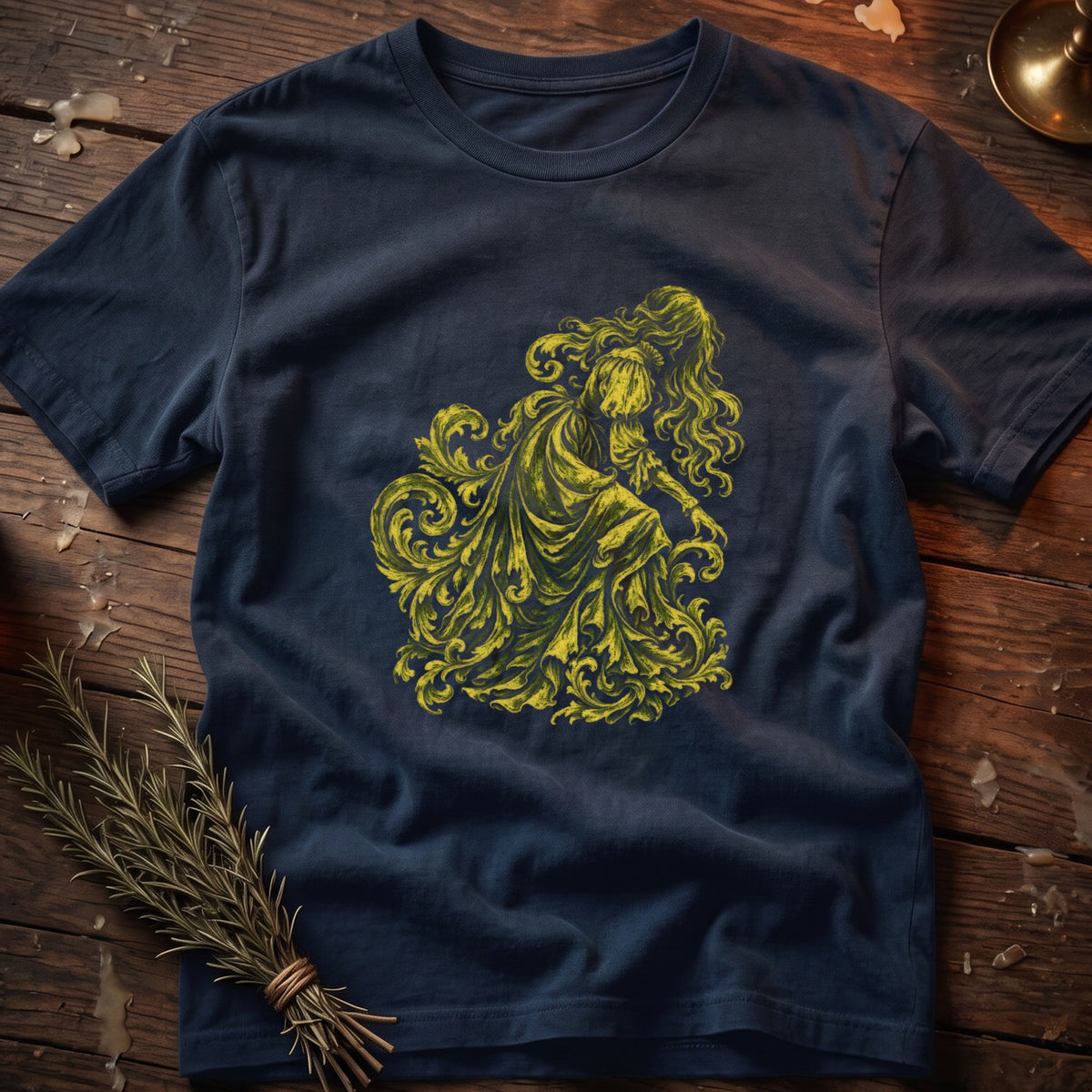 Dark blue t-shirt with a yellow ornate illustration of a woman with flowing hair.