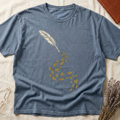 Blue Jean tee with antique quill pen in cream linework, oak and maple leaves cascading from the nib in gold and green.