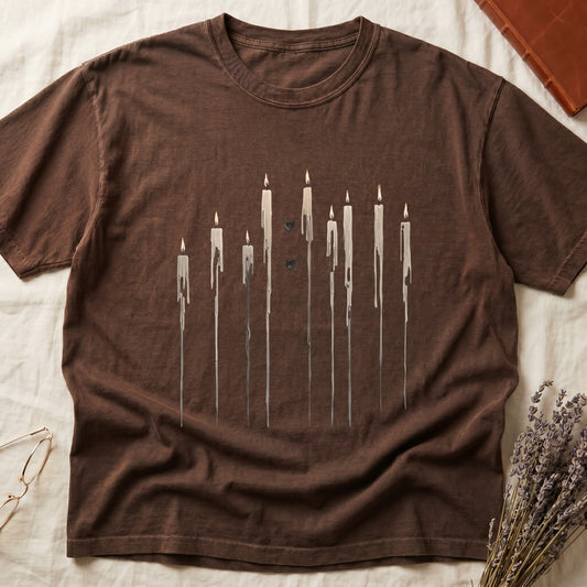 Brown t-shirt with dripping candles and two small black hearts graphic.