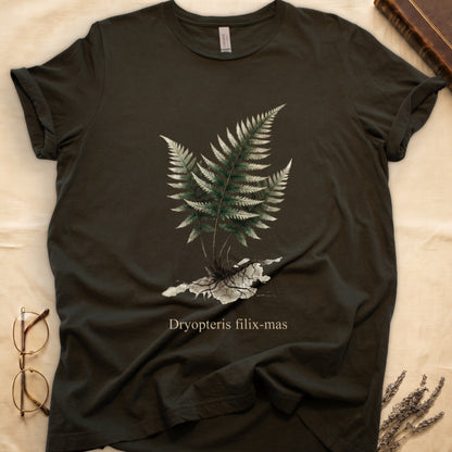 Military Green tee with Victorian fern illustration of Dryopteris filix-mas in greens with exposed root, italic Latin binomial below.