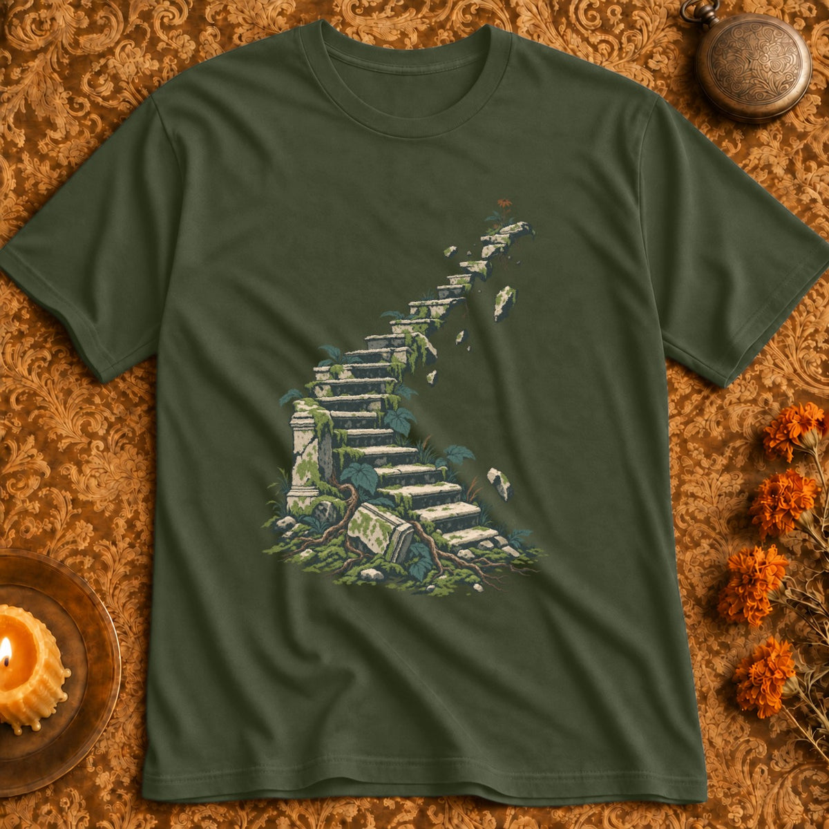 Olive green t-shirt featuring an illustration of crumbling stone stairs overgrown with moss and vines.