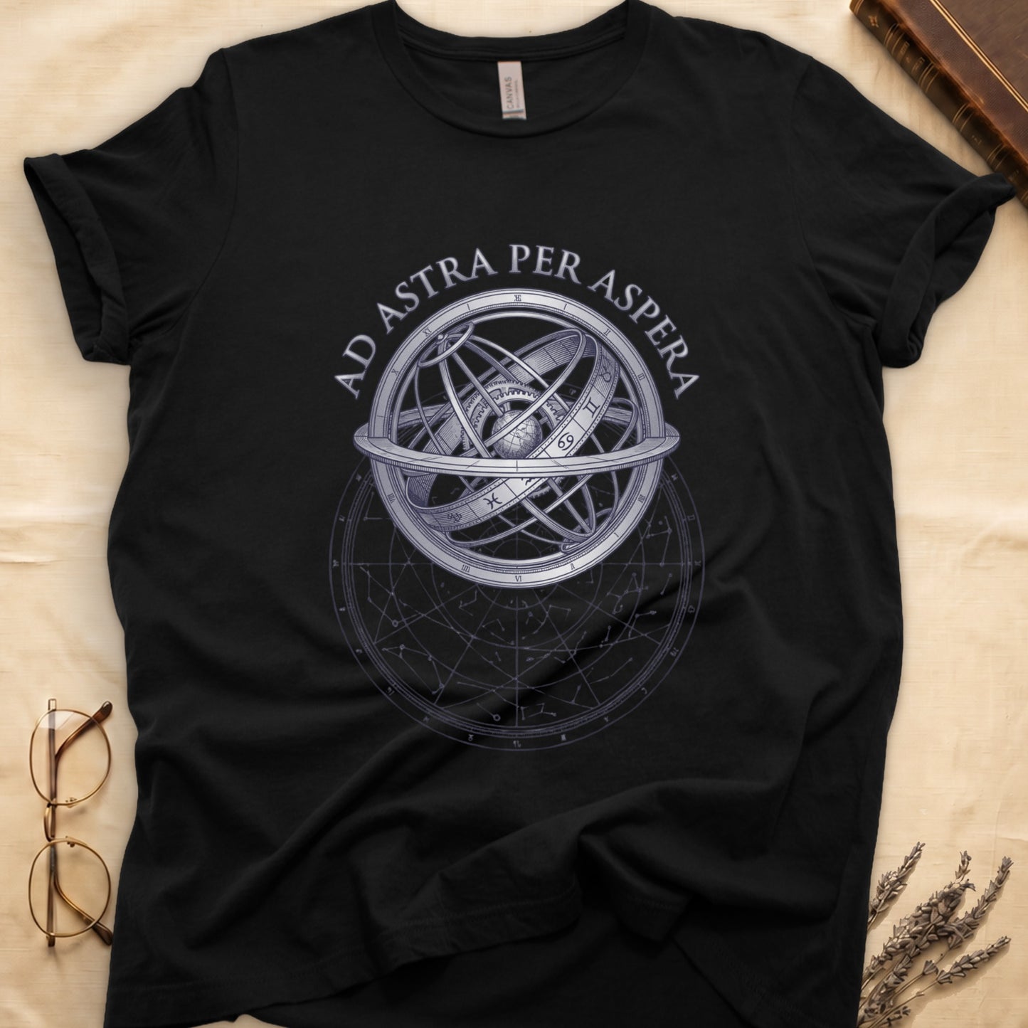 Black tee with engraved armillary sphere, "AD ASTRA PER ASPERA" in serif capitals, zodiac symbols, classical astronomy.