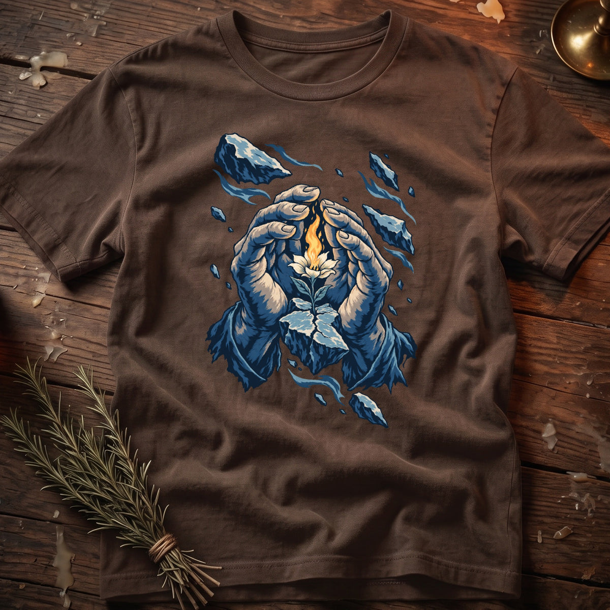 Brown t-shirt with a graphic of hands holding a flaming flower amidst floating ice chunks.
