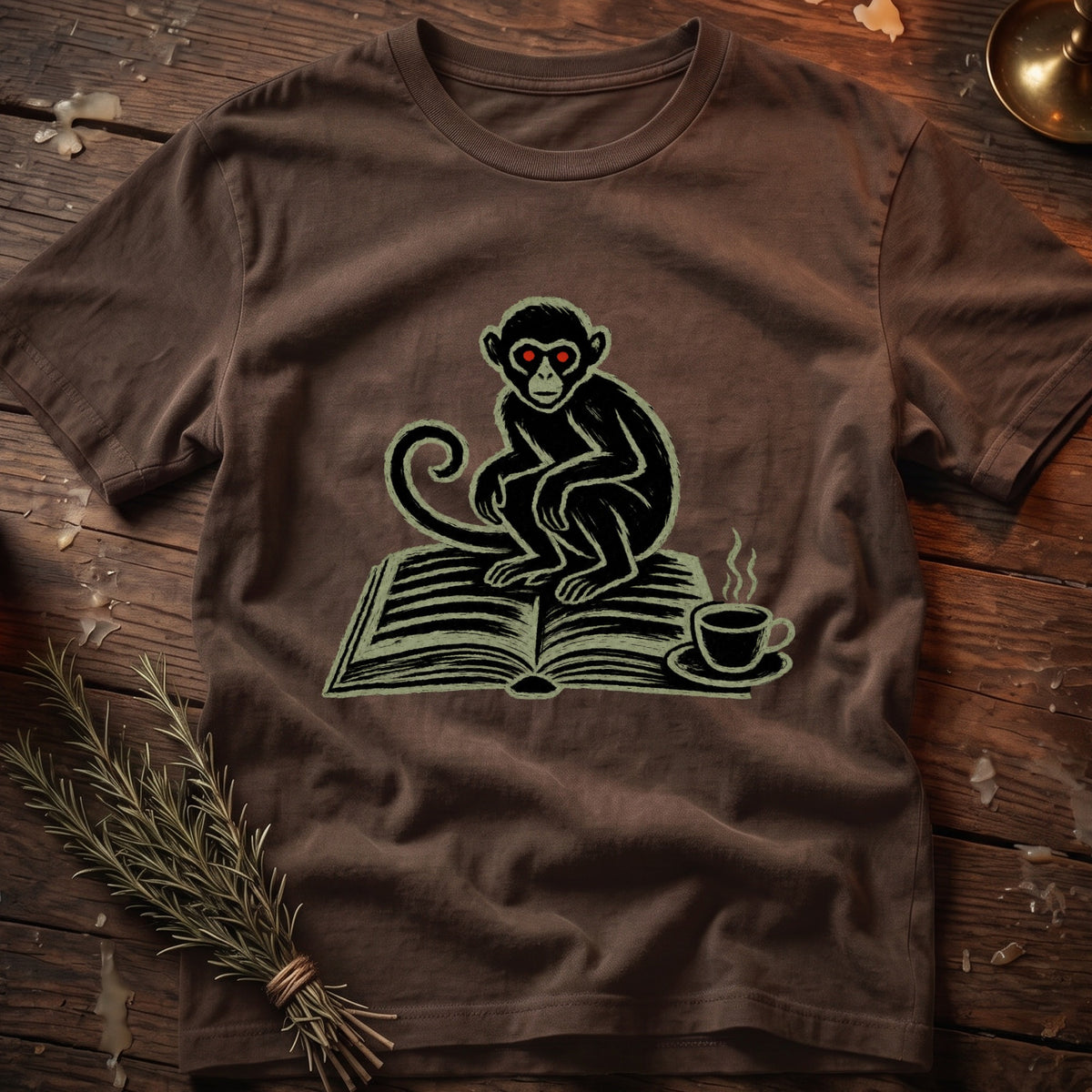 Brown t-shirt with a black monkey graphic sitting on an open book with red eyes and a coffee cup.