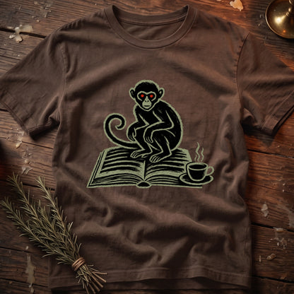 Brown t-shirt with a black monkey graphic sitting on an open book with red eyes and a coffee cup.