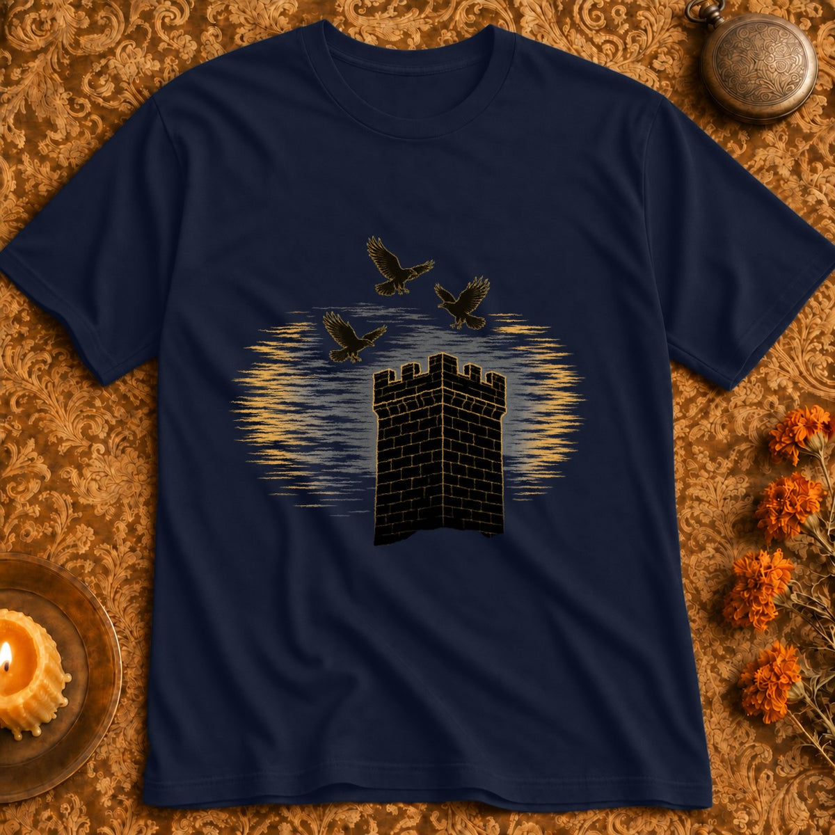 Dark blue t-shirt with a castle tower and three birds against a textured background.