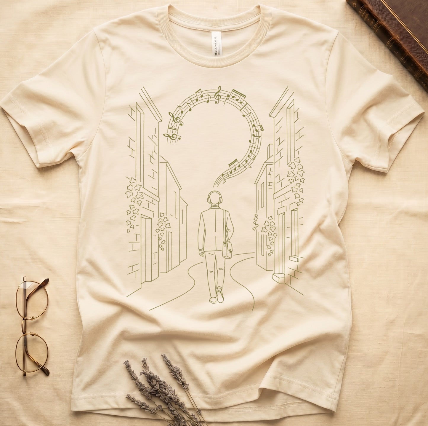 Natural tee with cream linework of a Victorian campus building with climbing ivy across the facade.