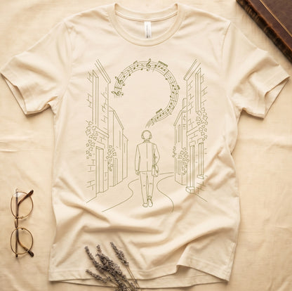 Natural tee with cream linework of a Victorian campus building with climbing ivy across the facade.