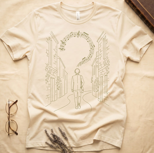 Natural tee with cream linework of a Victorian campus building with climbing ivy across the facade.