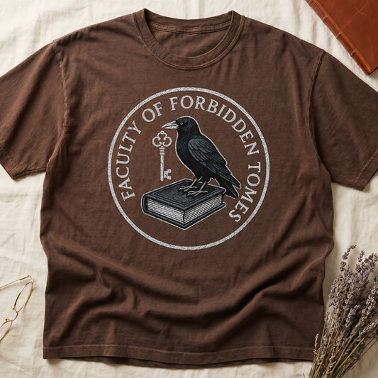 Black tee with circular badge, raven on closed book holding key, "FACULTY OF FORBIDDEN TOMES" curved around in cream.