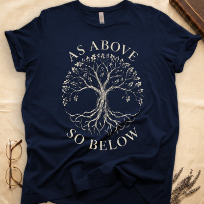 Navy t-shirt with white tree of life graphic and text "AS ABOVE SO BELOW".