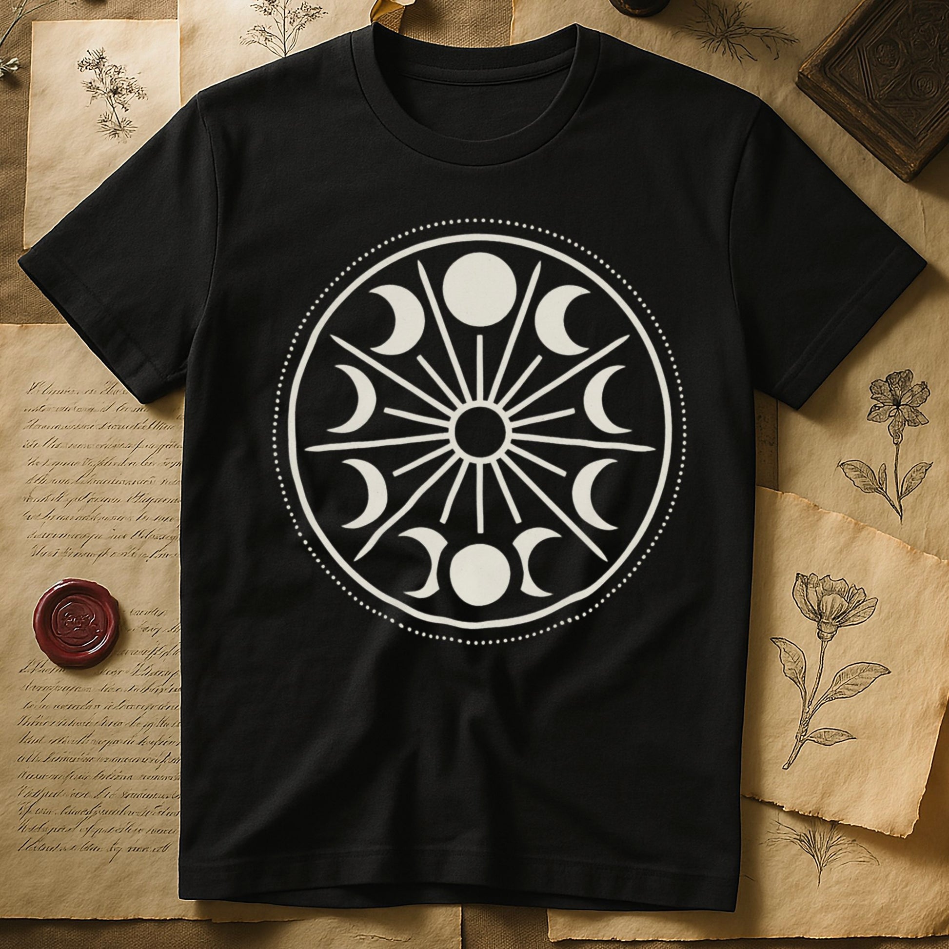 Black tee with cream lunar orrery wheel, dotted ring, radial sunburst, moon phases around perimeter, central star.