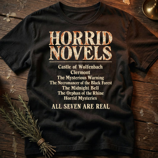 Black t-shirt with "HORRID NOVELS" and a list of titles, ending with "ALL SEVEN ARE REAL".