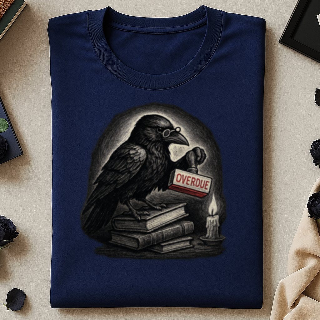 Raven with Overdue Stamp on Books T-shirt product