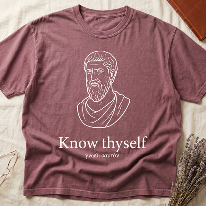 Dark Rose tee with classical Greek philosopher bust in white linework, "Know thyself" in cream serif below.
