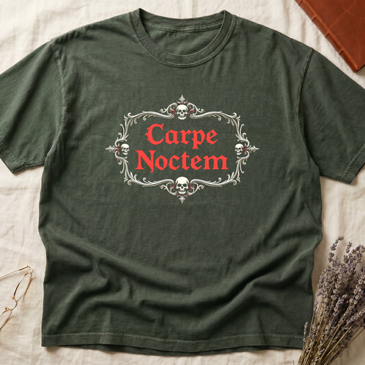 Green tee with silver filigree cartouche, crowned skull top and skull below, "Carpe Noctem" in deep-red blackletter inside.