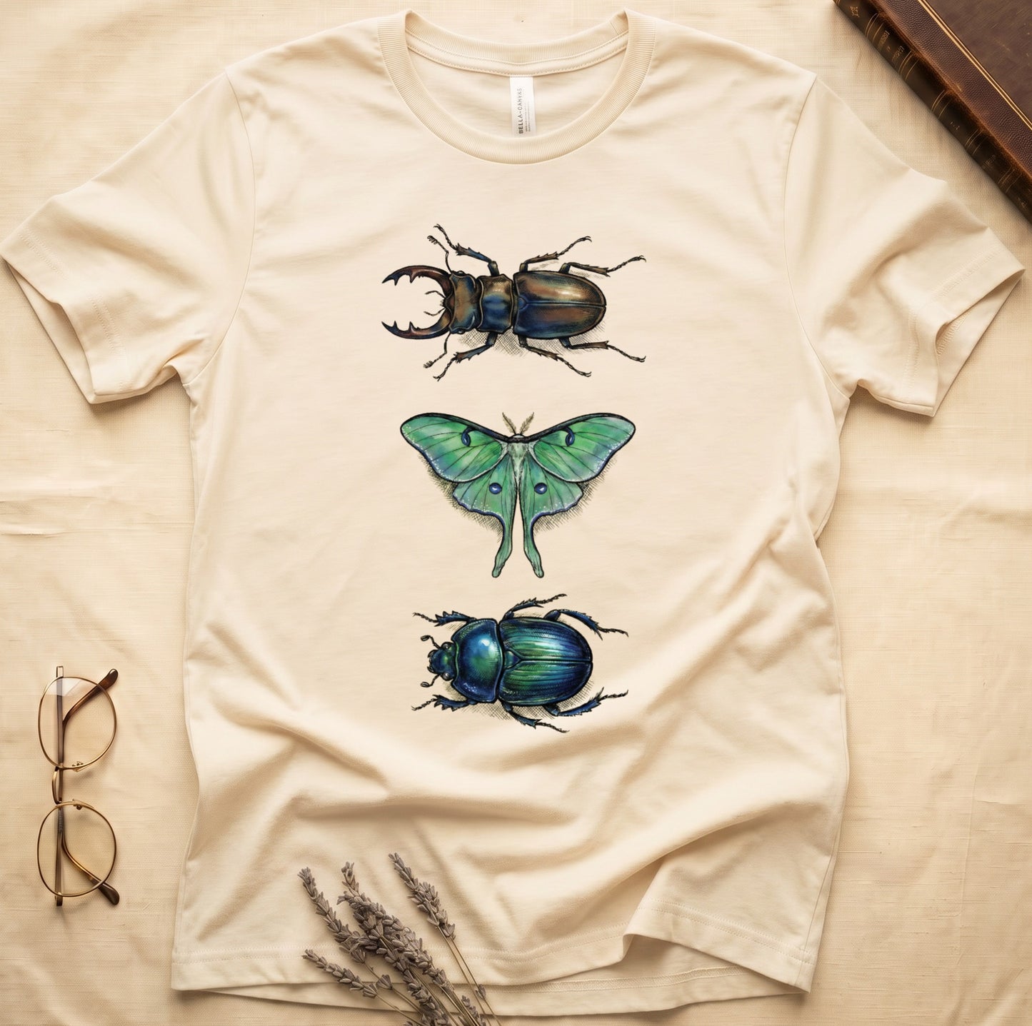 Black tee with three-panel Natural-history plate: stag beetle, luna moth, scarab beetle in ink on yellow ground.