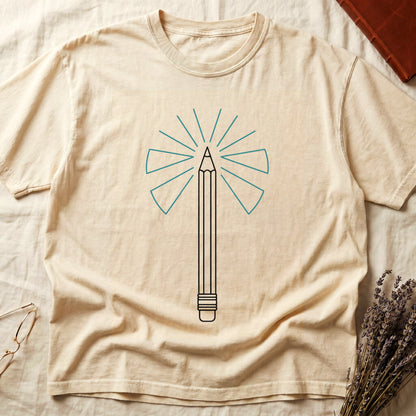Ivory tee with single vertical graphite pencil in cream linework, fan of teal and grey rays radiating behind.