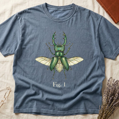 Blue t-shirt with illustration of a green stag beetle and text "Fig. 1".